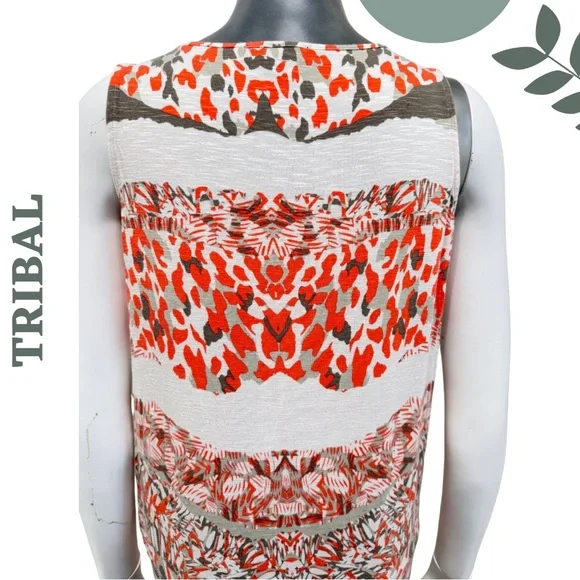 Tribal High Low Sleeveless Tunic Top Orange Grey Size Small - Picture 6 of 7